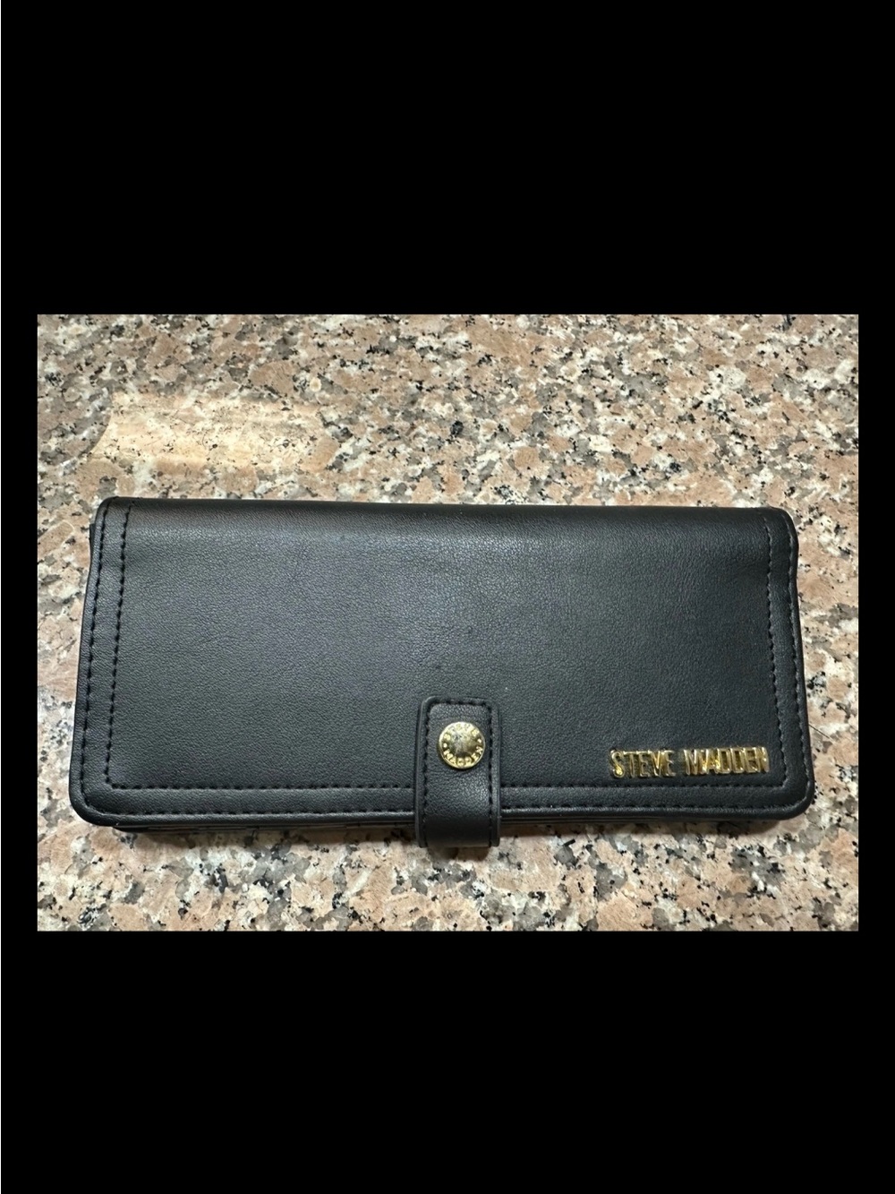 Steve Madden Black Leather Snap Wallet with Gold Logo
